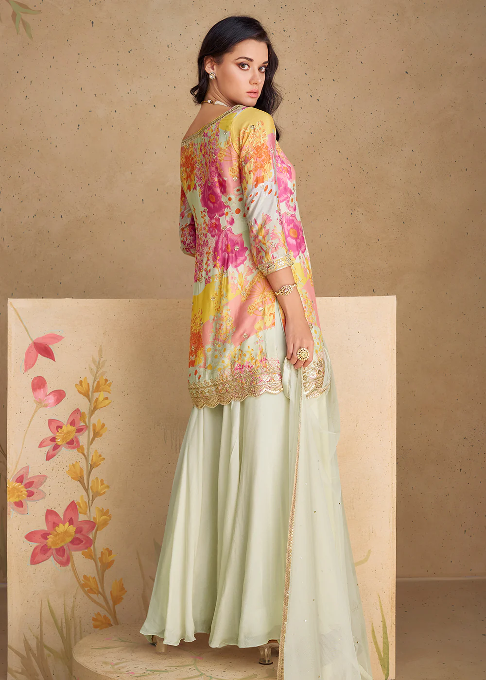 Festive Party Off White Real Chinnon Silk Palazzo Suit - Image 3