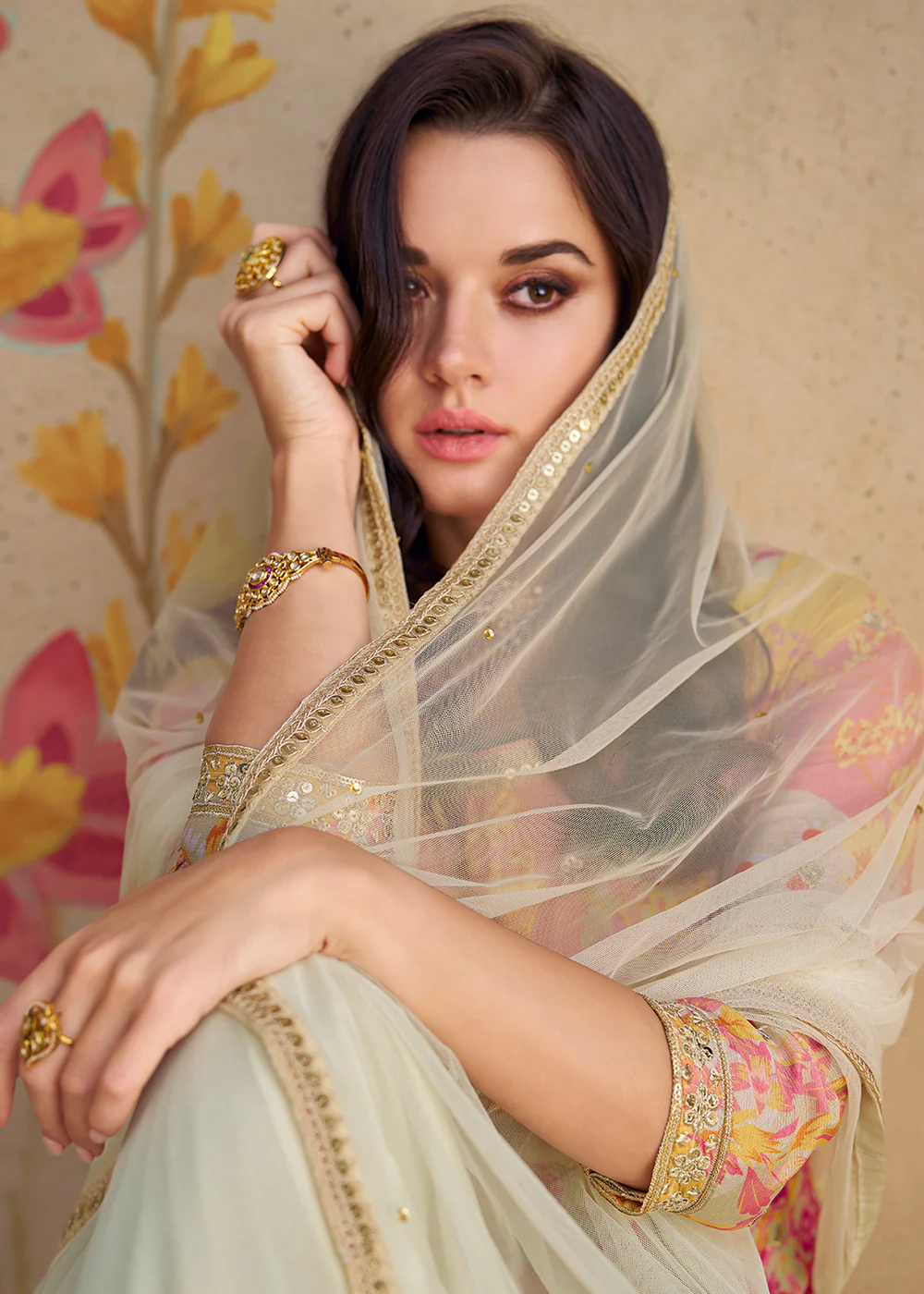 Festive Party Off White Real Chinnon Silk Palazzo Suit - Image 4