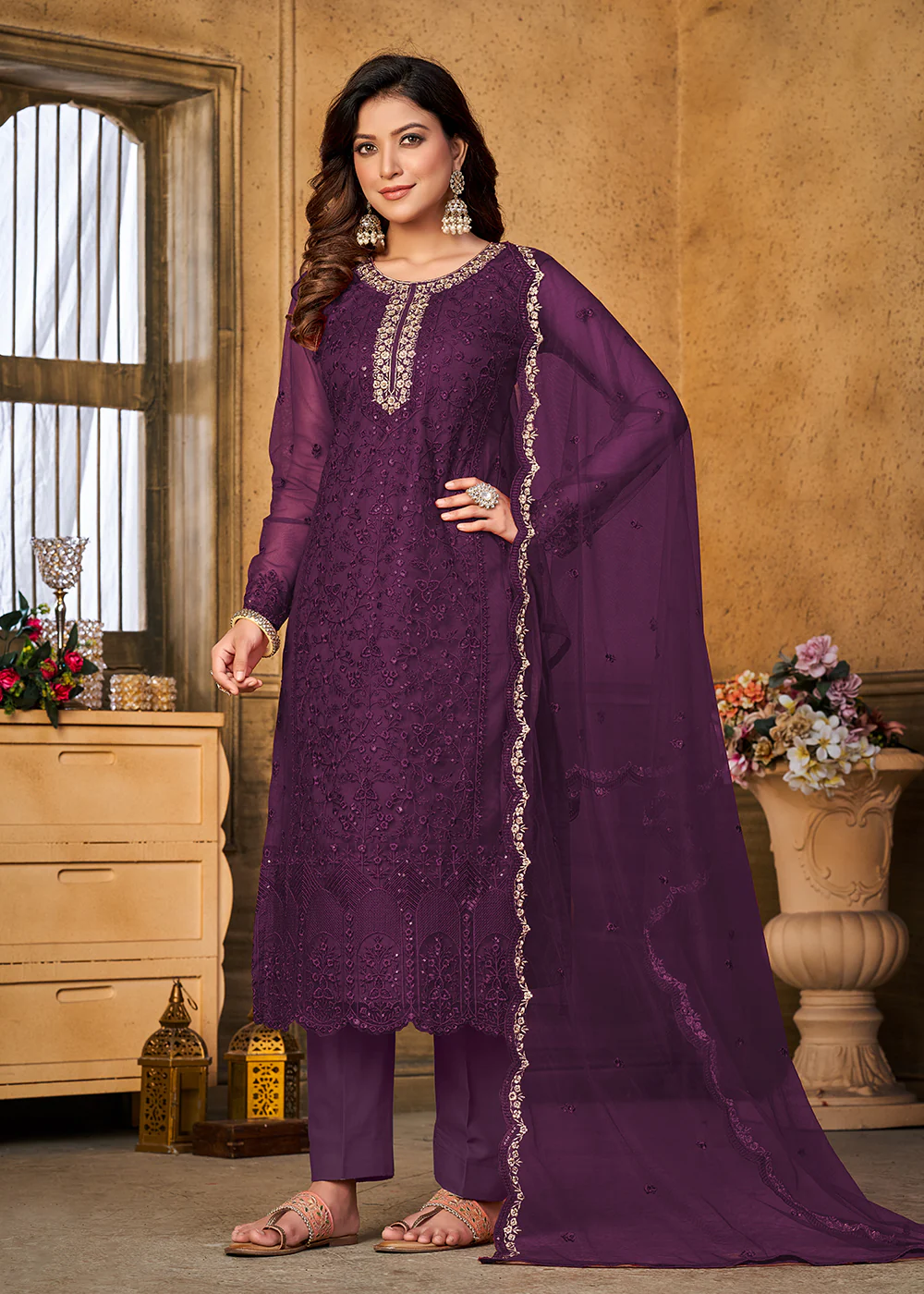 Festive Party Purple Net Embroidered Trendy Salwar Suit