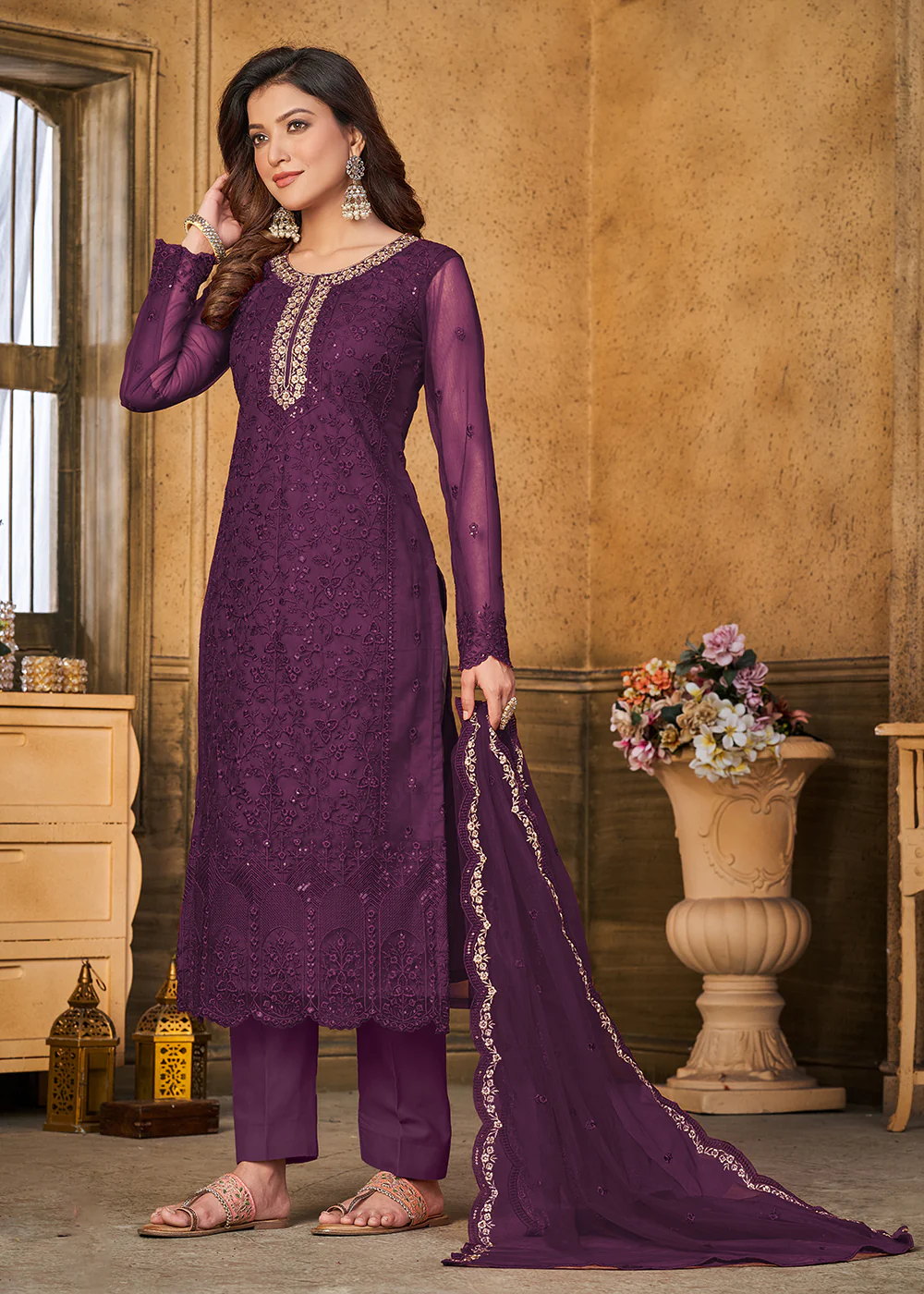 Festive Party Purple Net Embroidered Trendy Salwar Suit - Image 3