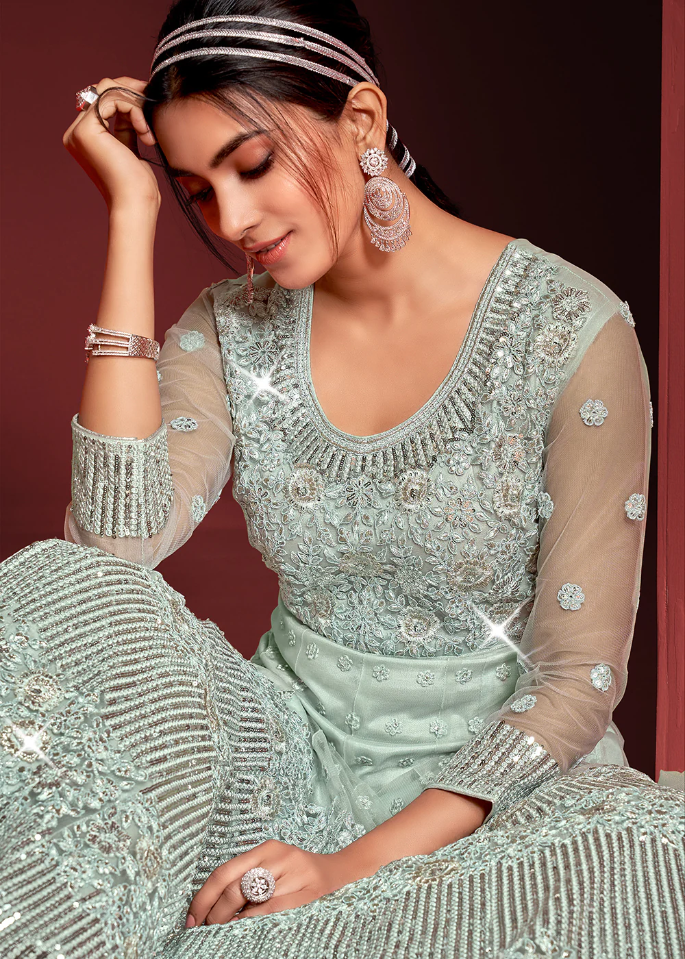 Festive Party Style Light Blue Embroidered Net Anarkali Gown - Image 2