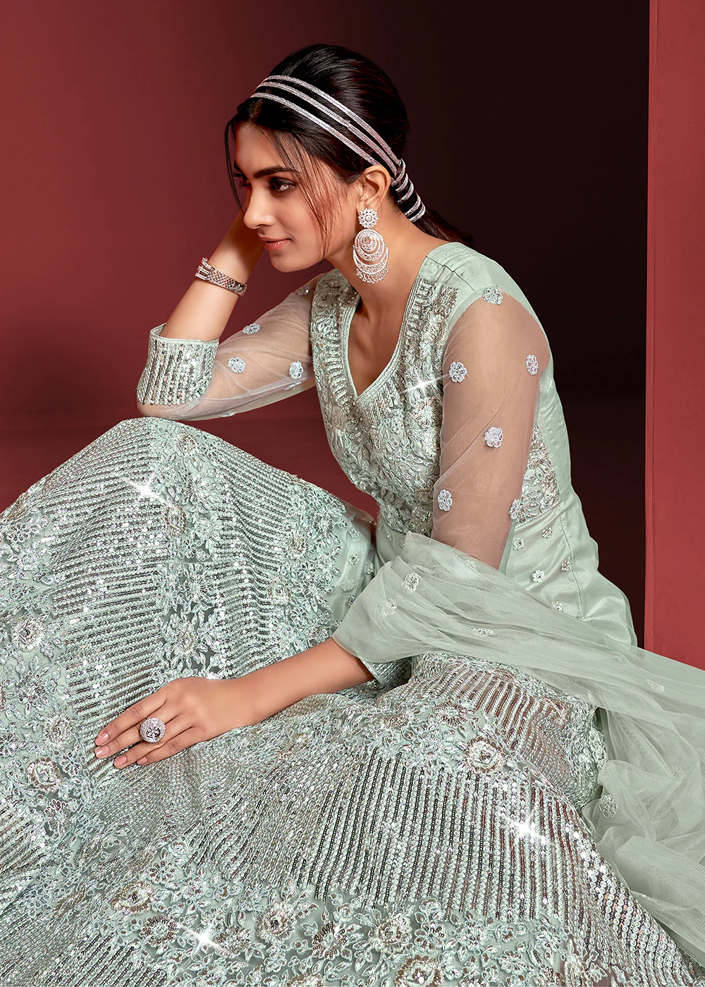 Festive Party Style Light Blue Embroidered Net Anarkali Gown - Image 3