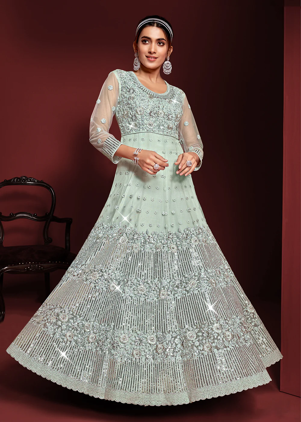 Festive Party Style Light Blue Embroidered Net Anarkali Gown - Image 4