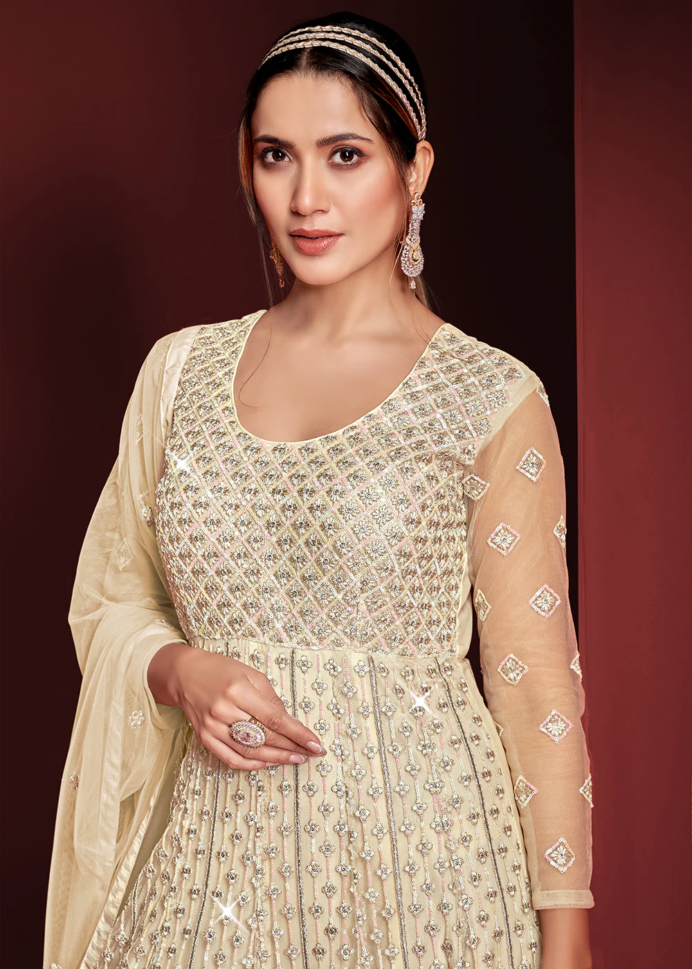 Festive Party Style Light Cream Embroidered Net Anarkali Gown - Image 2