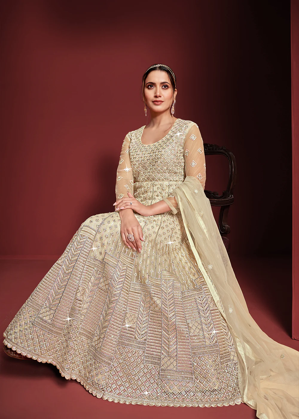 Festive Party Style Light Cream Embroidered Net Anarkali Gown - Image 3