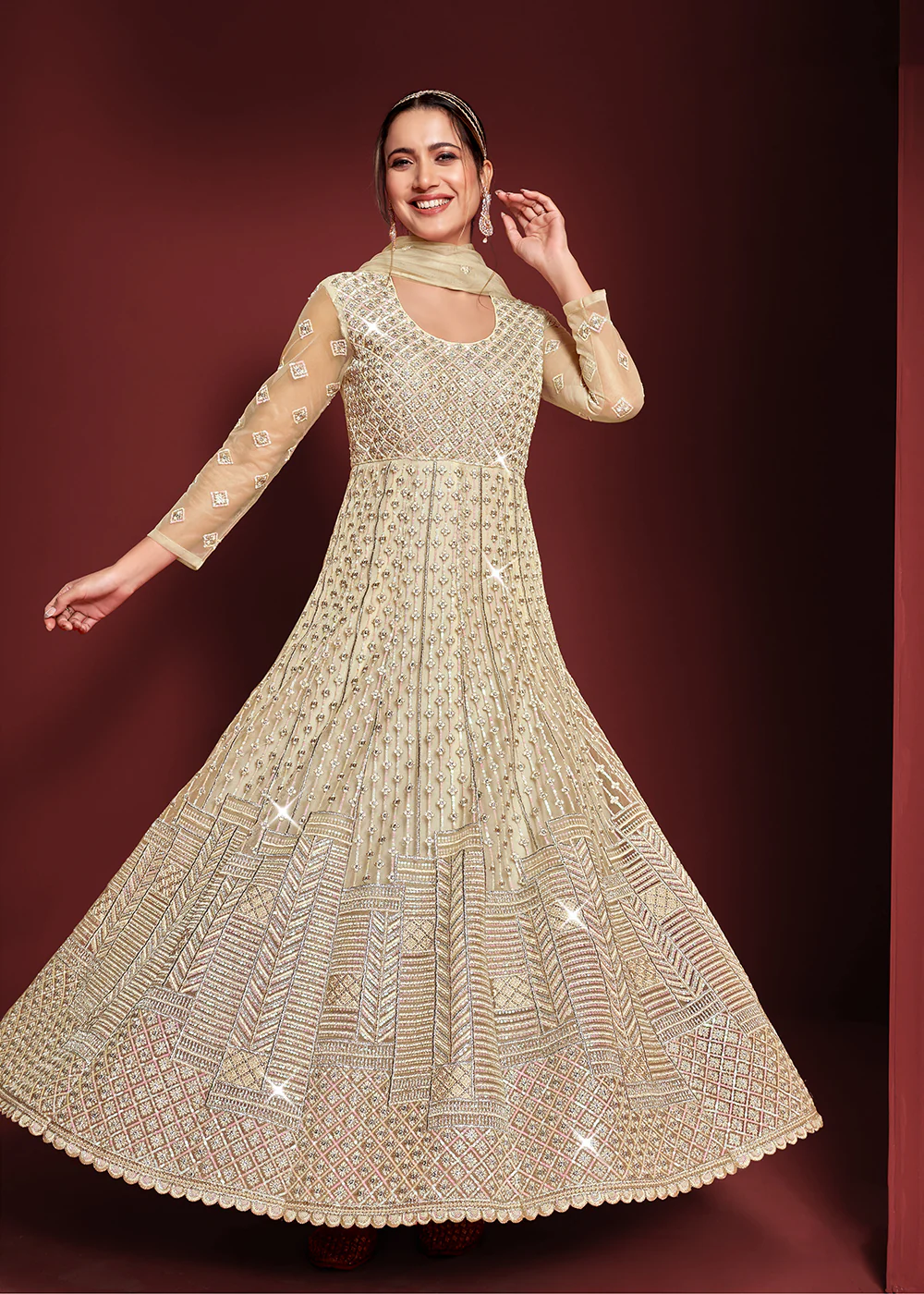 Festive Party Style Light Cream Embroidered Net Anarkali Gown - Image 4
