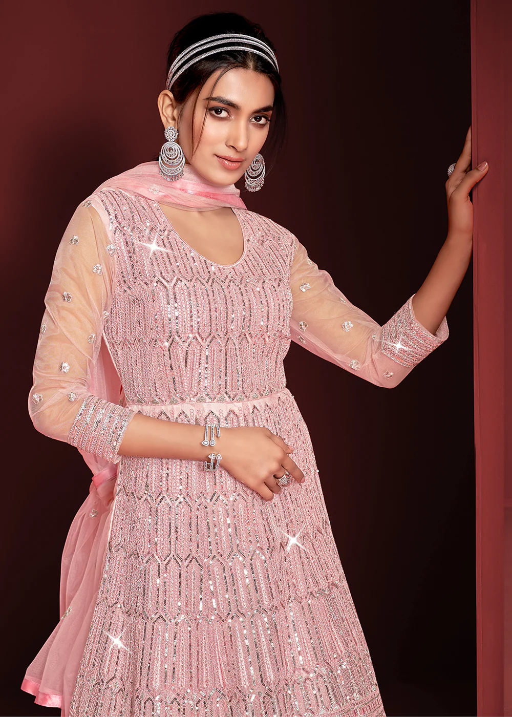 Festive Party Style Soft Pink Embroidered Net Anarkali Gown - Image 2