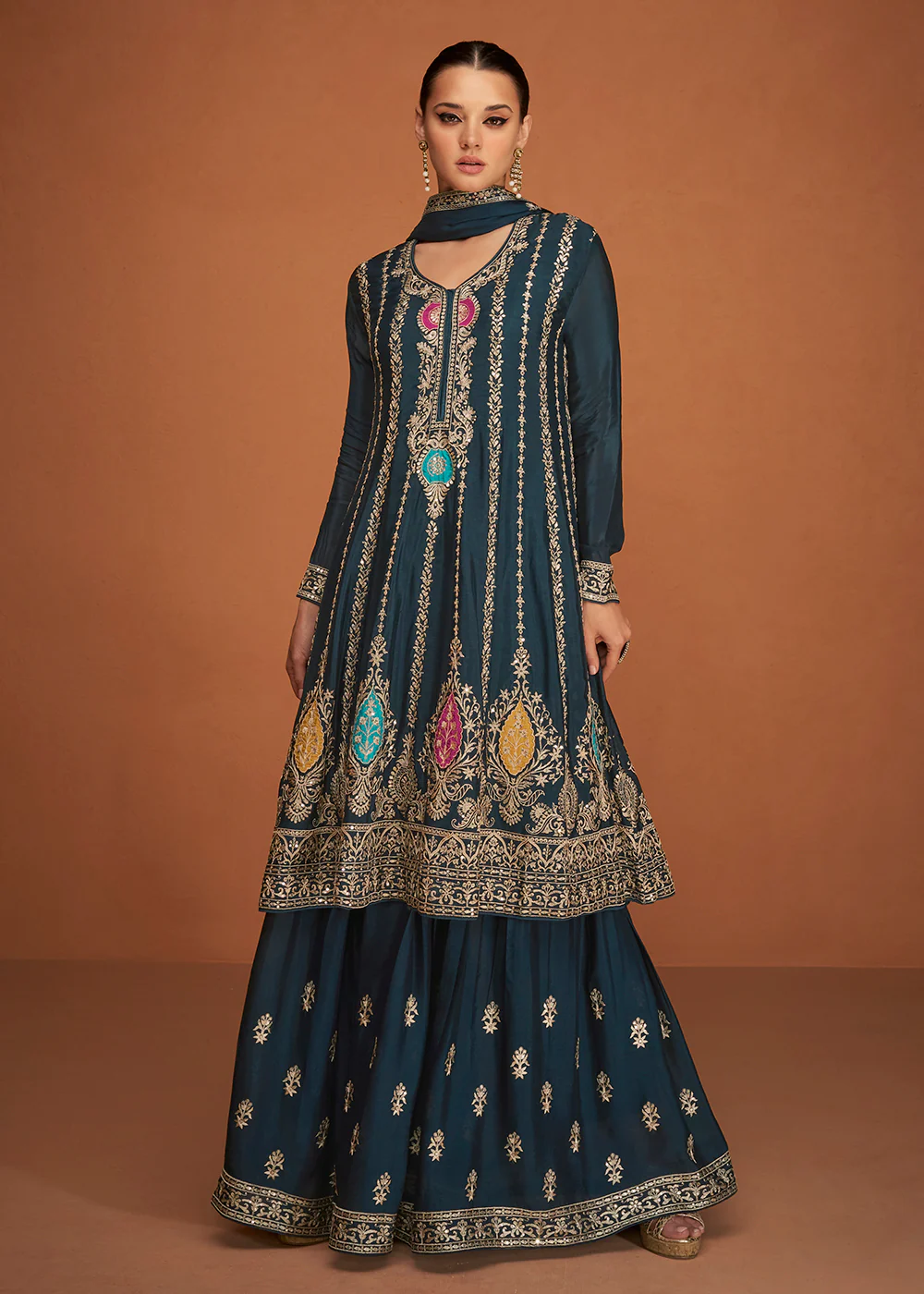 Festive Party Turquoise Blue Embroidered Chinon Silk Sharara Suit