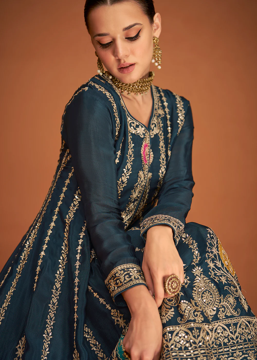 Festive Party Turquoise Blue Embroidered Chinon Silk Sharara Suit - Image 2