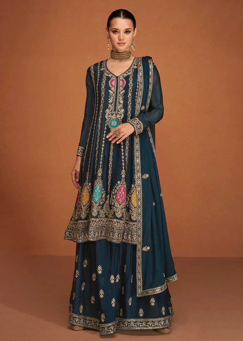 Festive Party Turquoise Blue Embroidered Chinon Silk Sharara Suit - Image 3