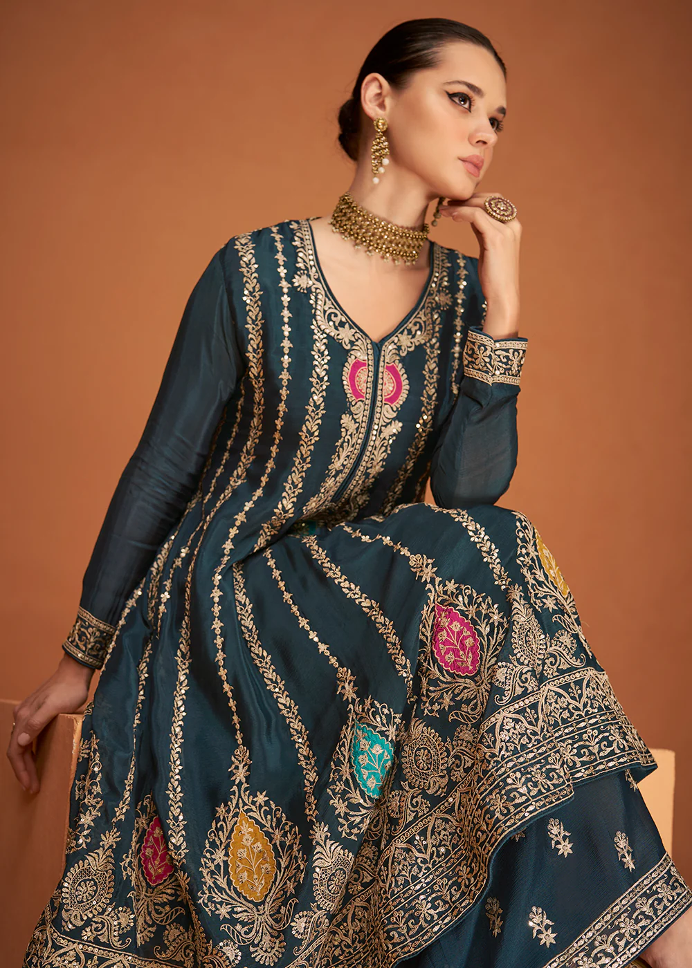 Festive Party Turquoise Blue Embroidered Chinon Silk Sharara Suit - Image 4