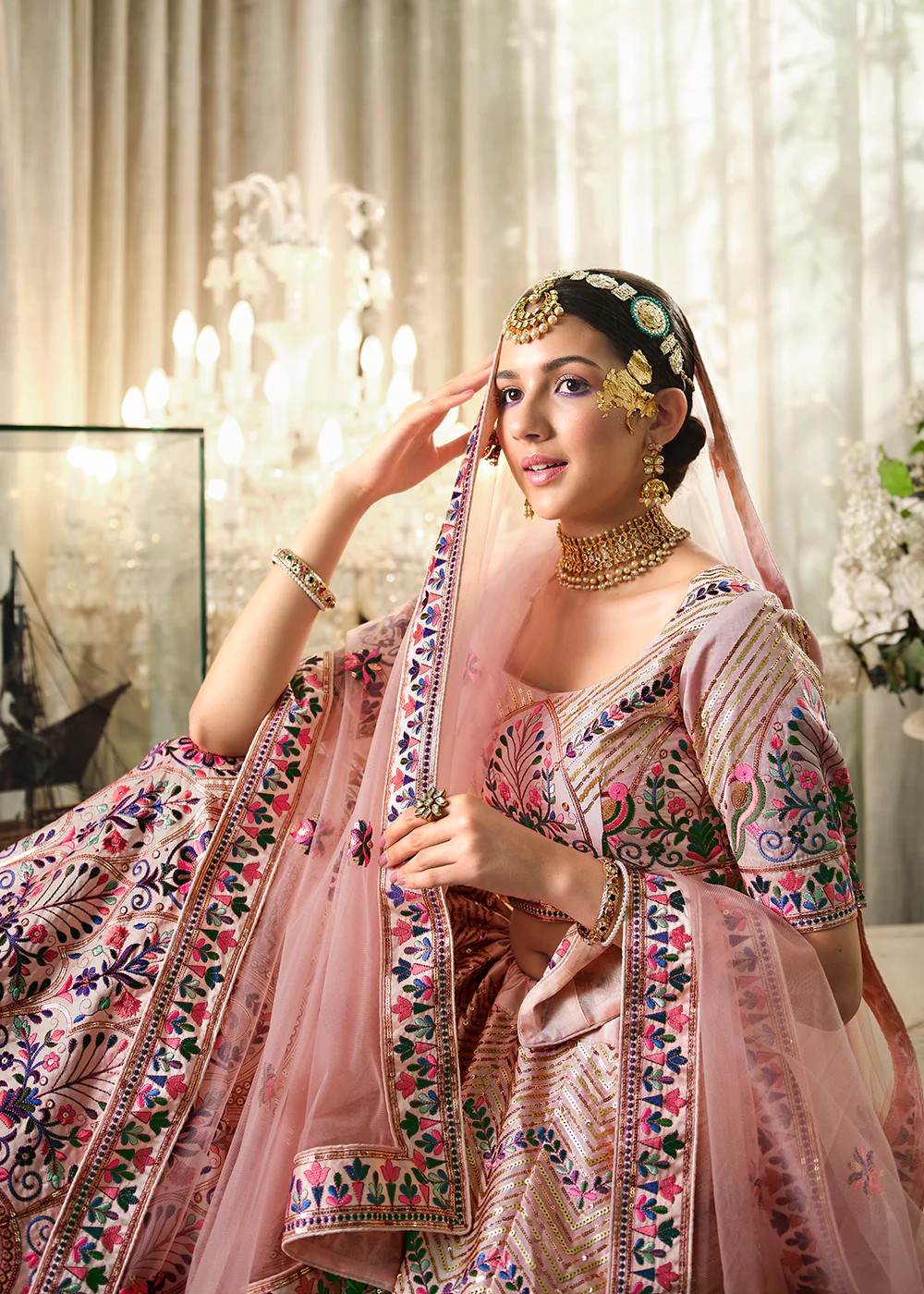 Festive Peach Sequins Embroidered Wedding Trendy Lehenga - Image 2