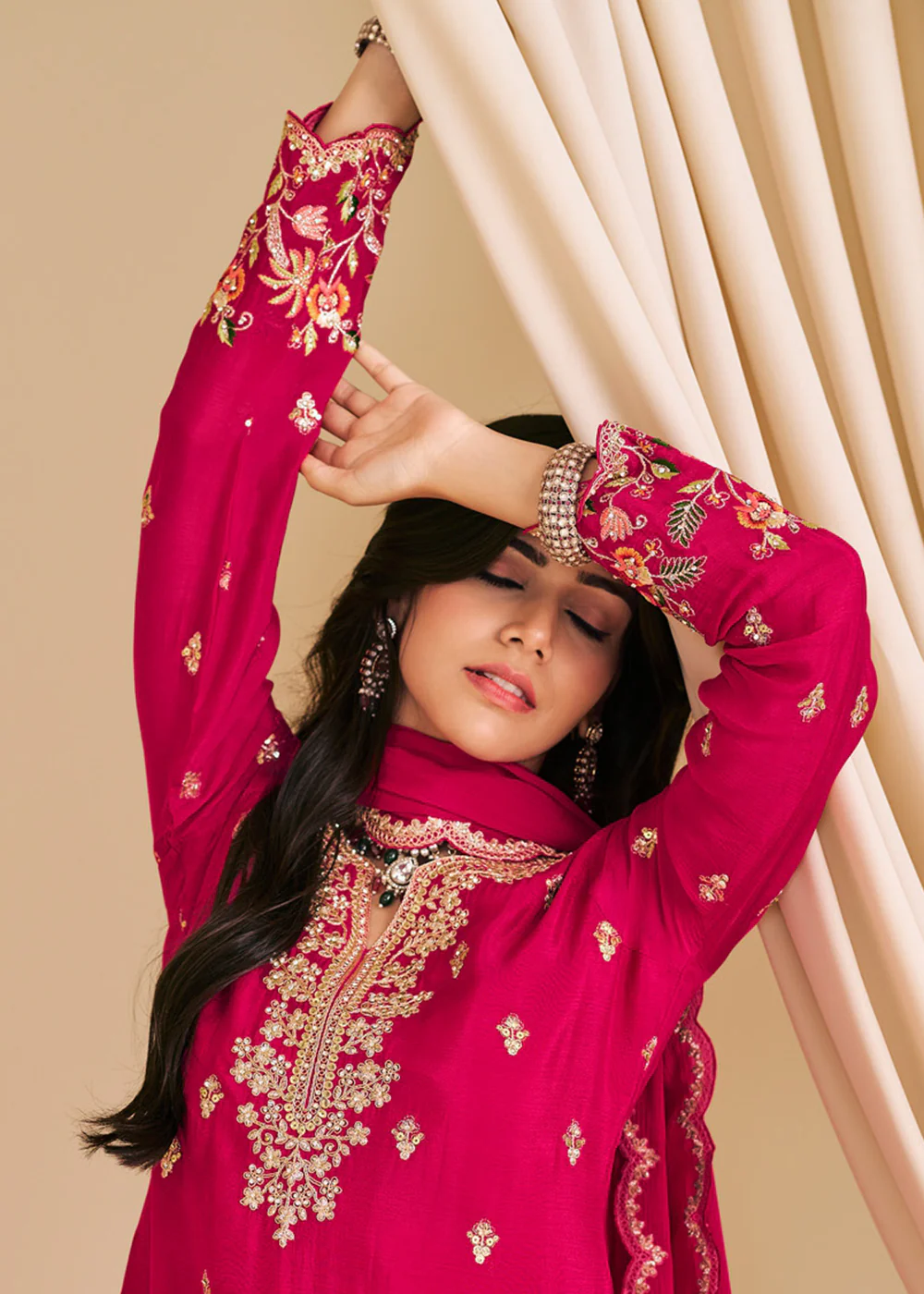 Festive Pink Embroidered Flared Palazzo Suit - Image 3