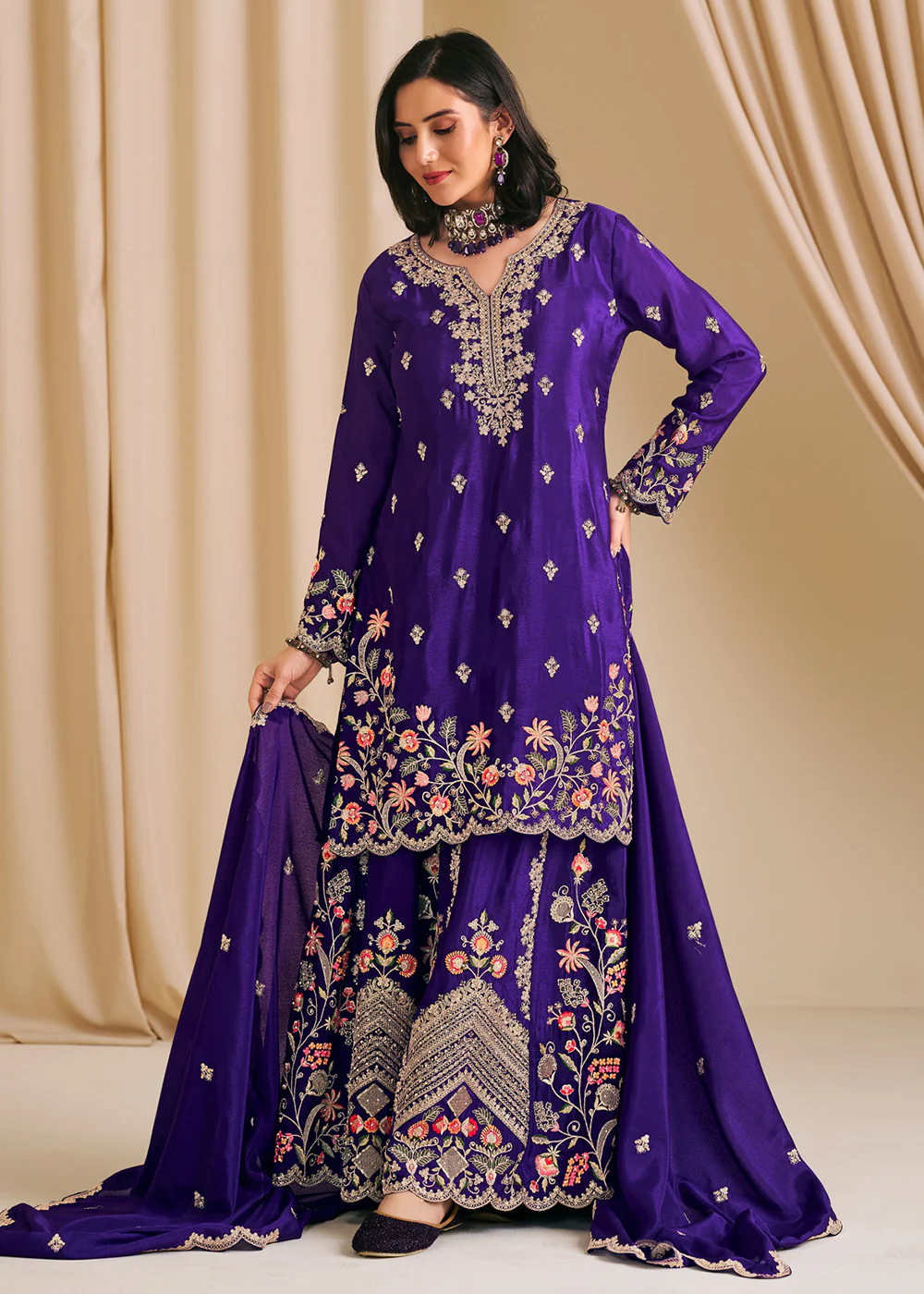 Festive Purple Embroidered Flared Palazzo Suit