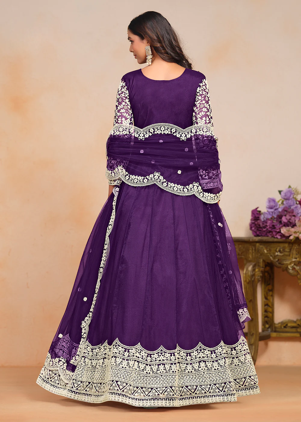 Festive Purple Embroidered Net Designer Anarkali Dress - Image 3