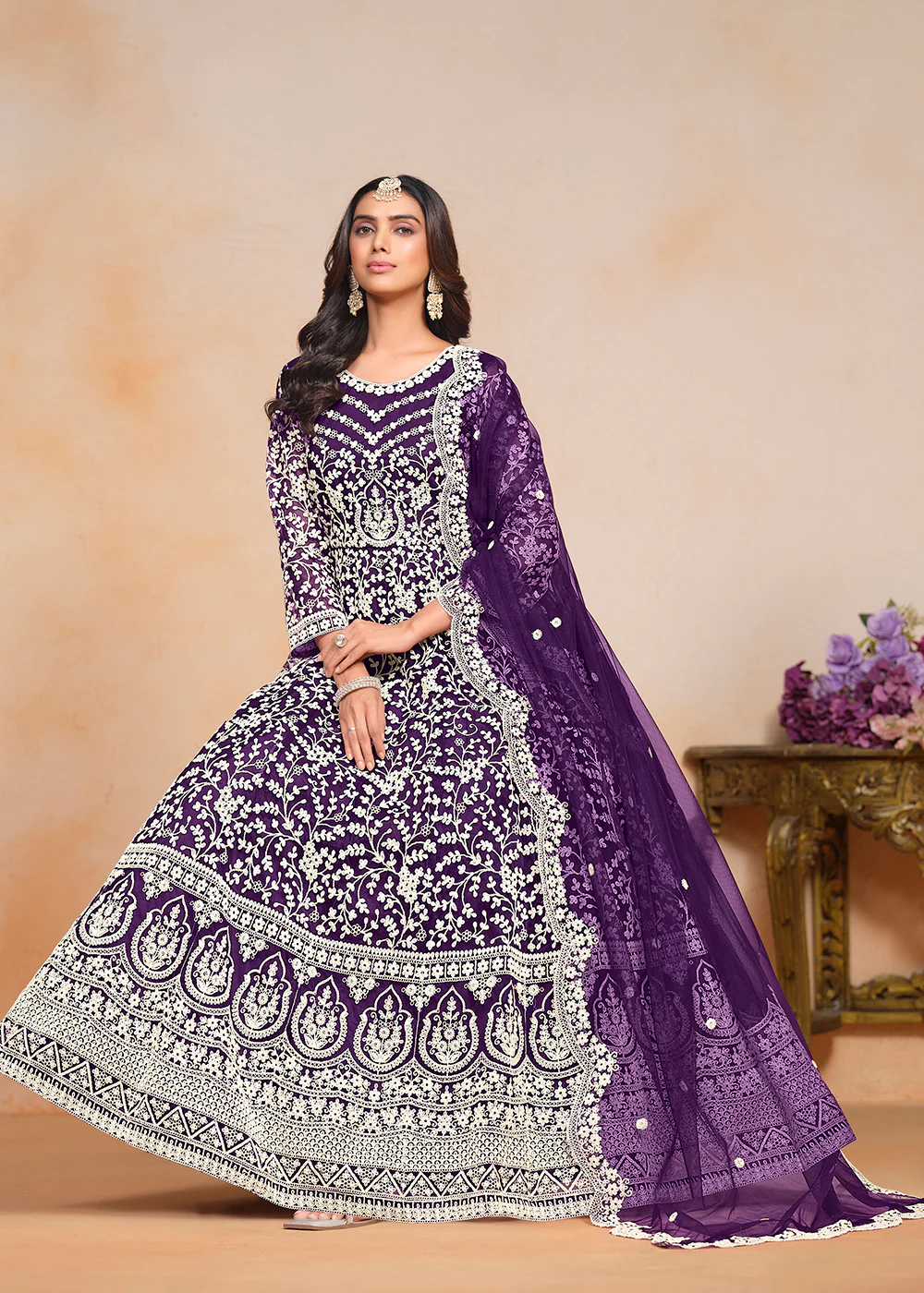 Festive Purple Embroidered Net Designer Anarkali Dress - Image 4