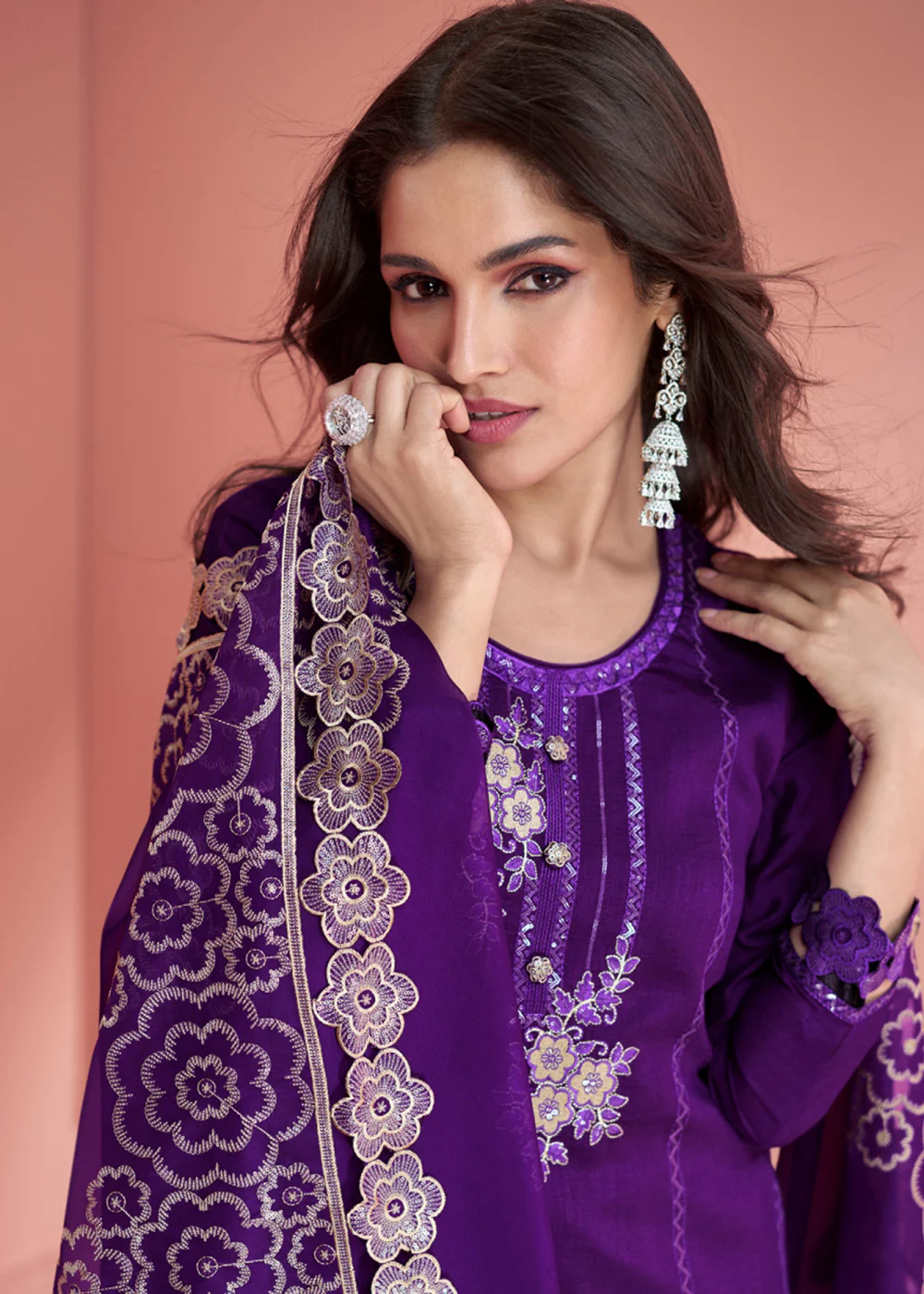 Festive Purple Embroidered Premium Silk Palazzo Suit - Image 2