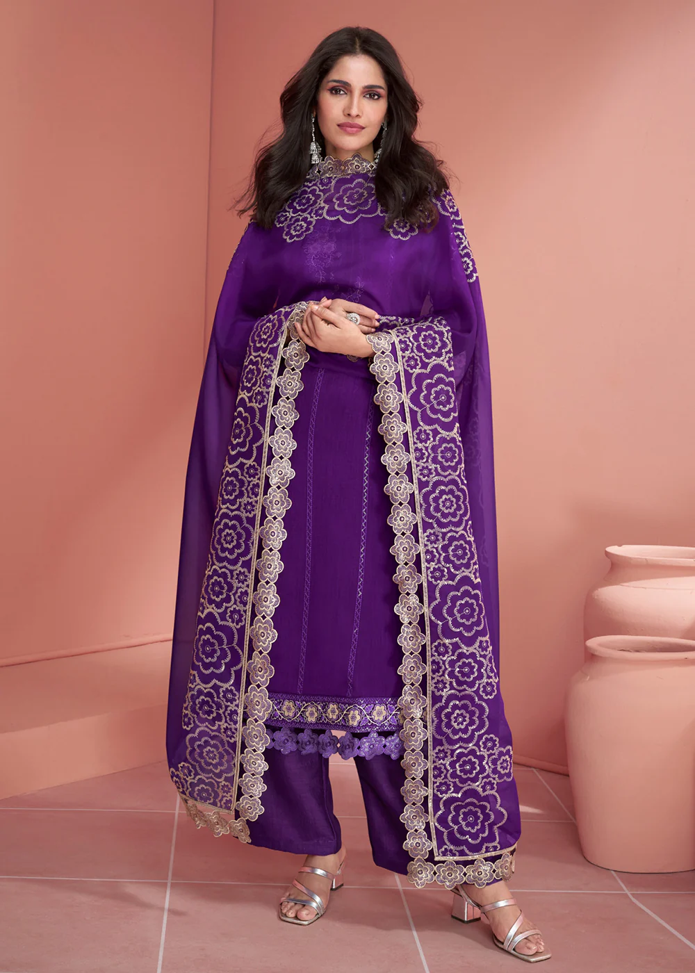 Festive Purple Embroidered Premium Silk Palazzo Suit - Image 3