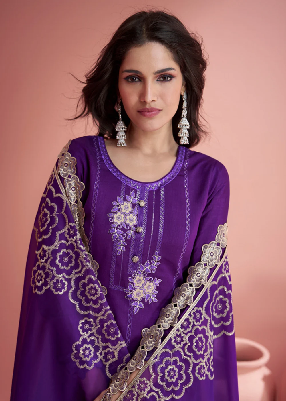 Festive Purple Embroidered Premium Silk Palazzo Suit - Image 5