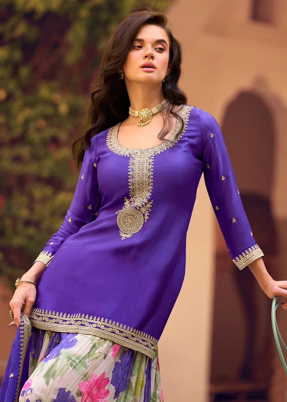 Festive Purple Embroidered Suit with Printed Gharara - Image 2