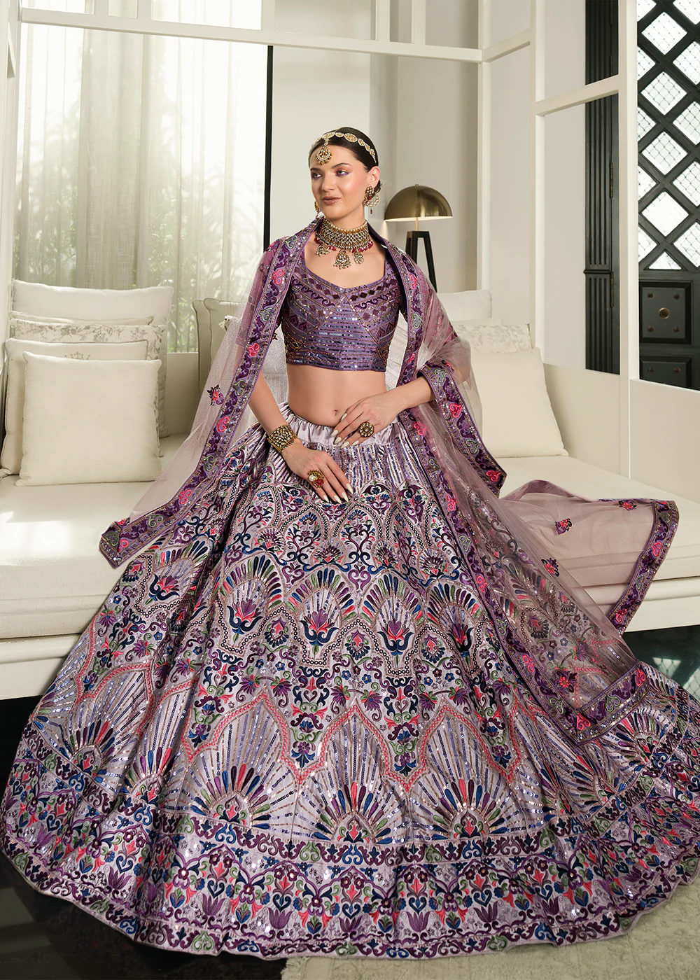Festive Purple Sequins Embroidered Wedding Trendy Lehenga - Image 2
