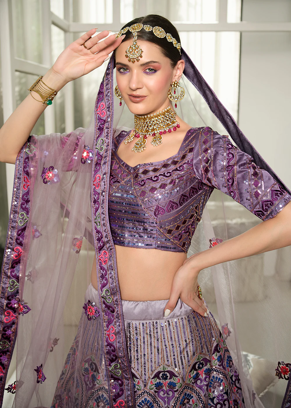Festive Purple Sequins Embroidered Wedding Trendy Lehenga - Image 3