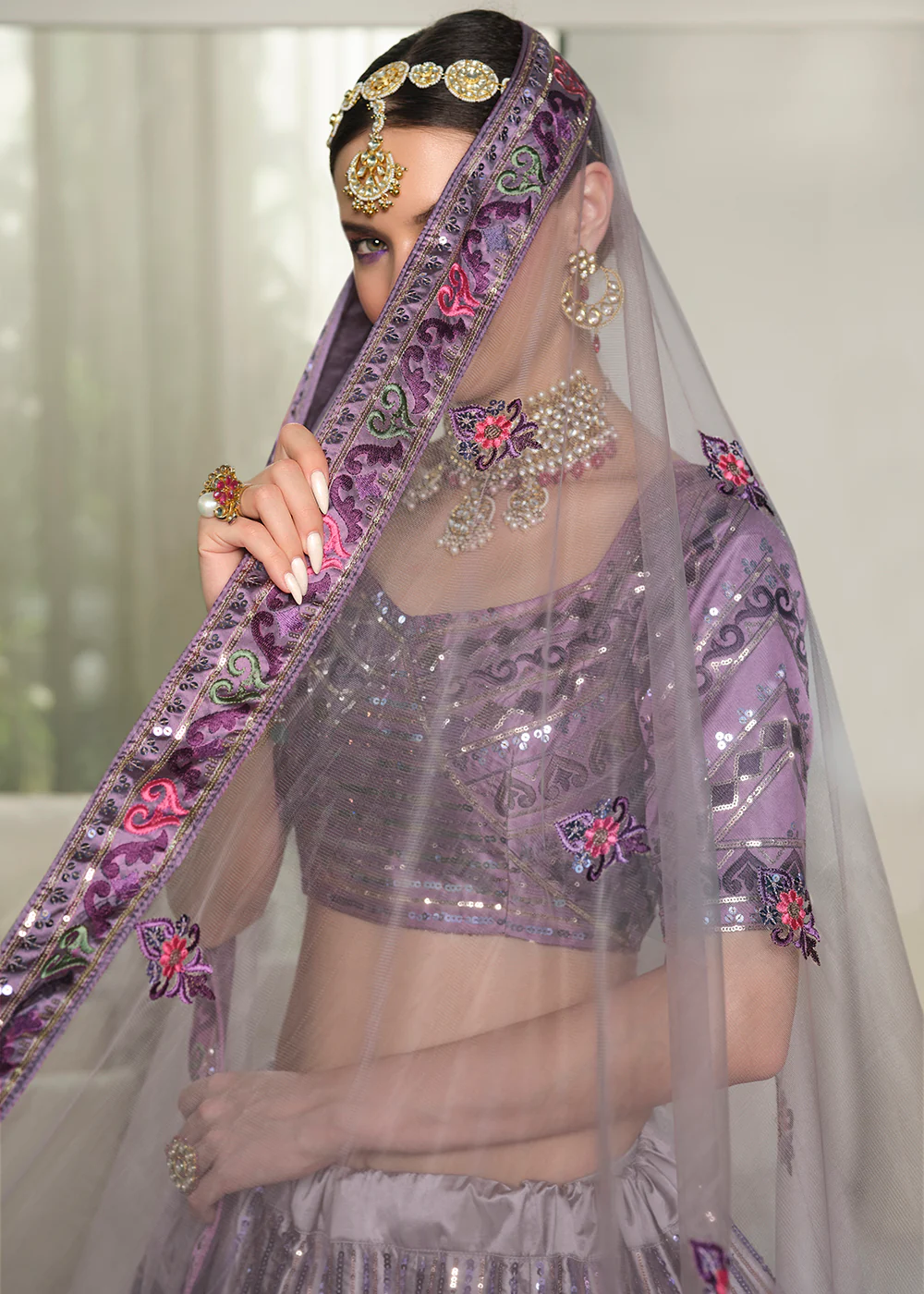 Festive Purple Sequins Embroidered Wedding Trendy Lehenga - Image 4