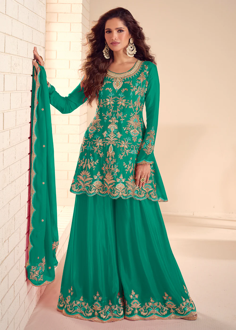Festive Rama Green Flared Palazzo Suit with Embroidery