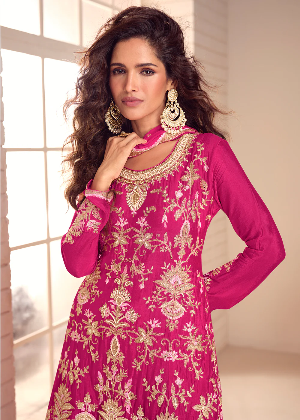 Festive Rani Pink Flared Palazzo Suit with Embroidery - Image 2