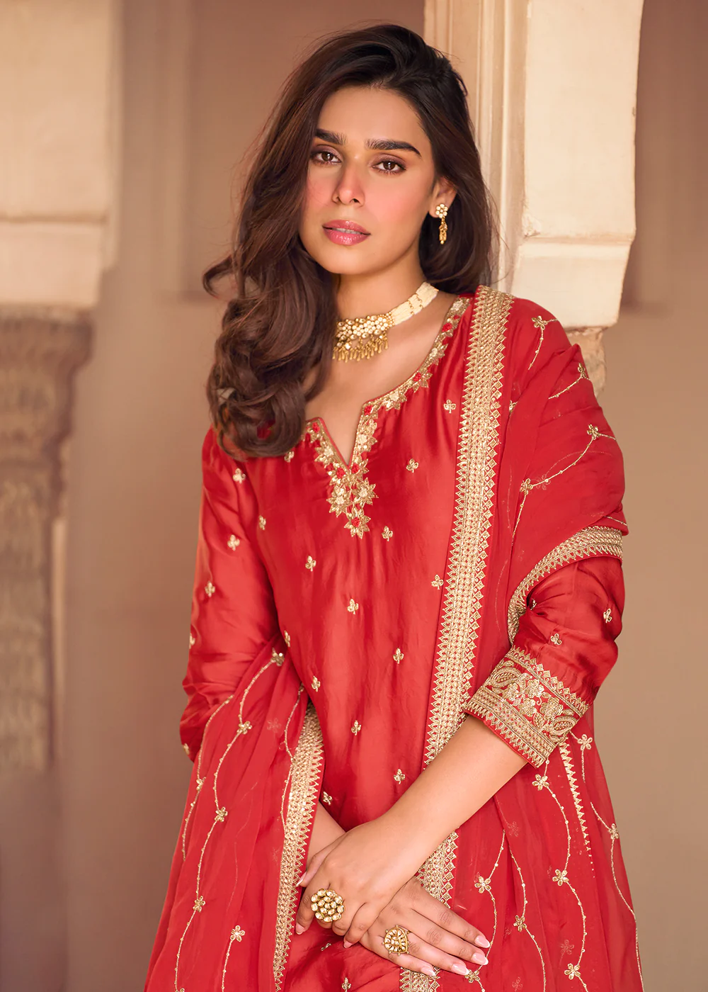 Festive Red Embroidered Suit with Printed Gharara - Image 2