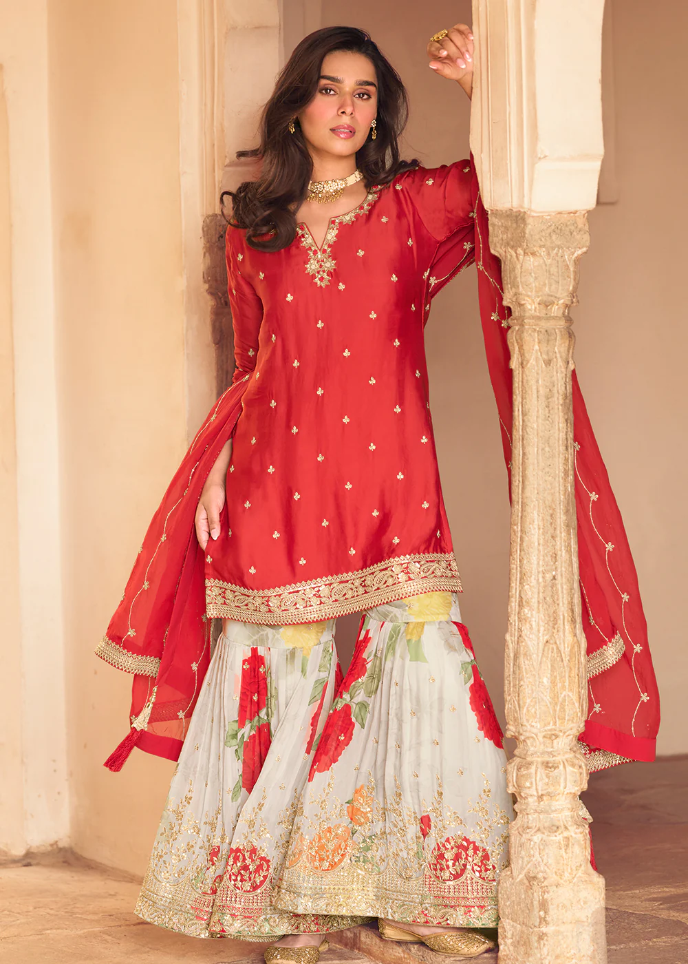 Festive Red Embroidered Suit with Printed Gharara - Image 3
