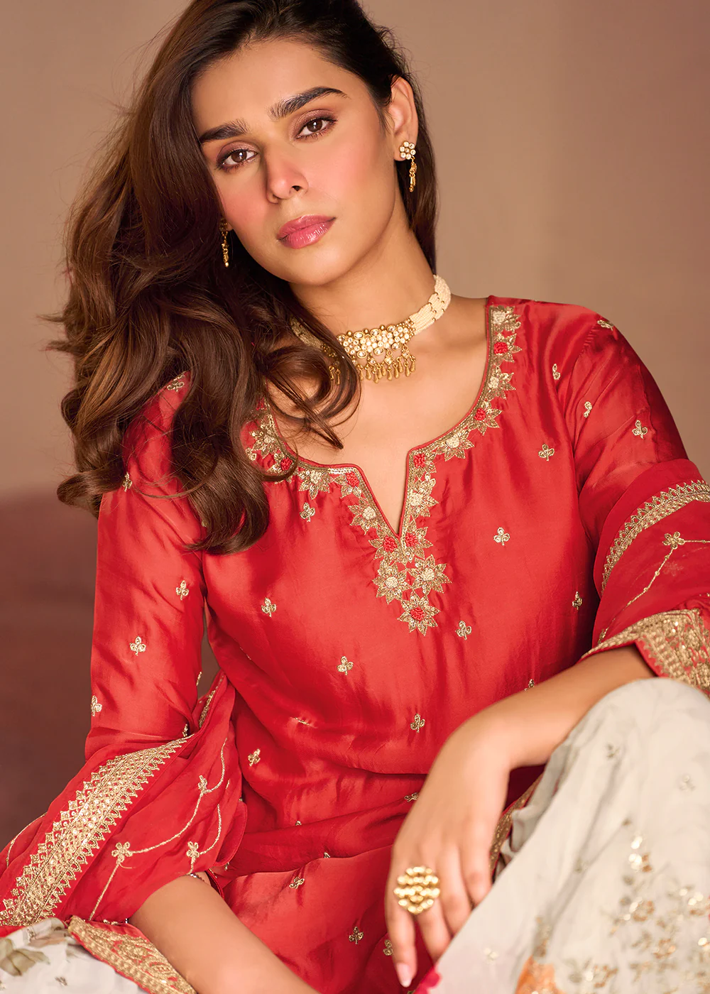 Festive Red Embroidered Suit with Printed Gharara - Image 4