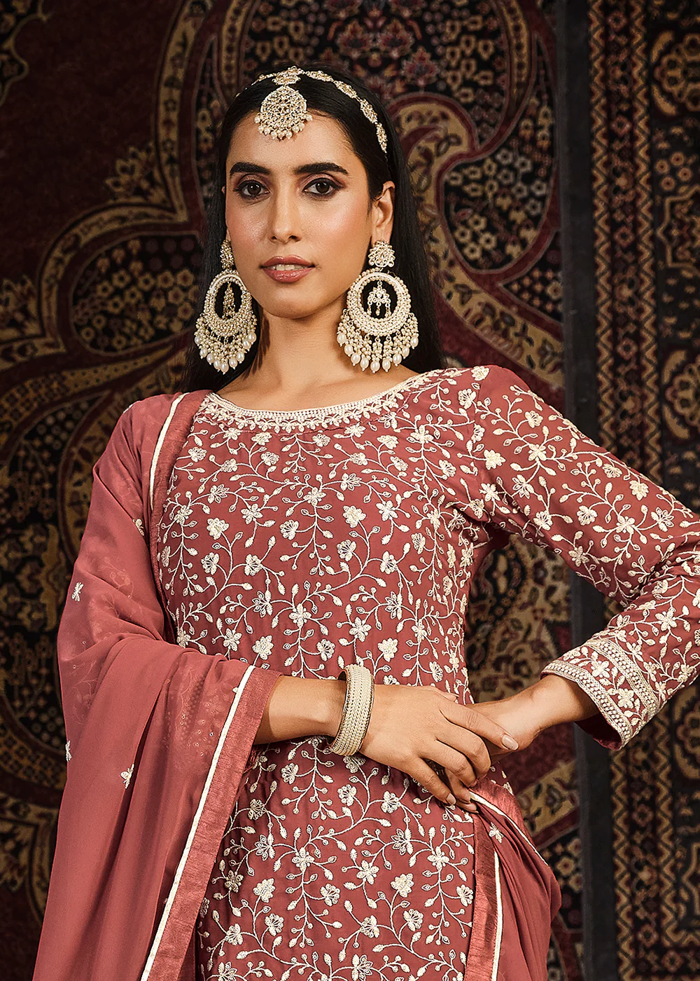 Festive Rust Color Faux Georgette Palazzo Salwar Suit - Image 2