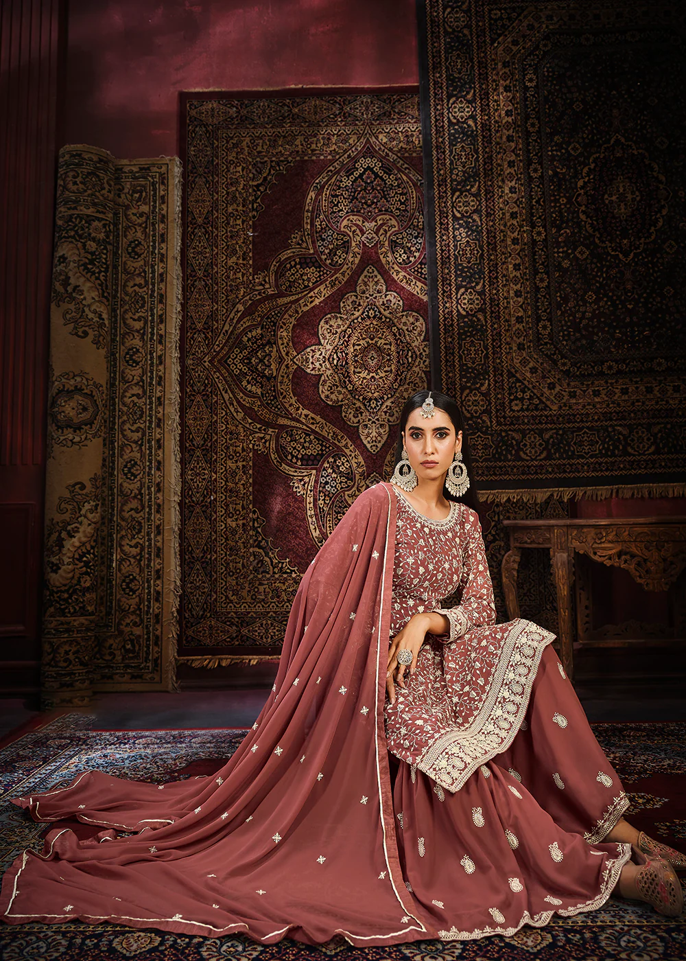 Festive Rust Color Faux Georgette Palazzo Salwar Suit - Image 3