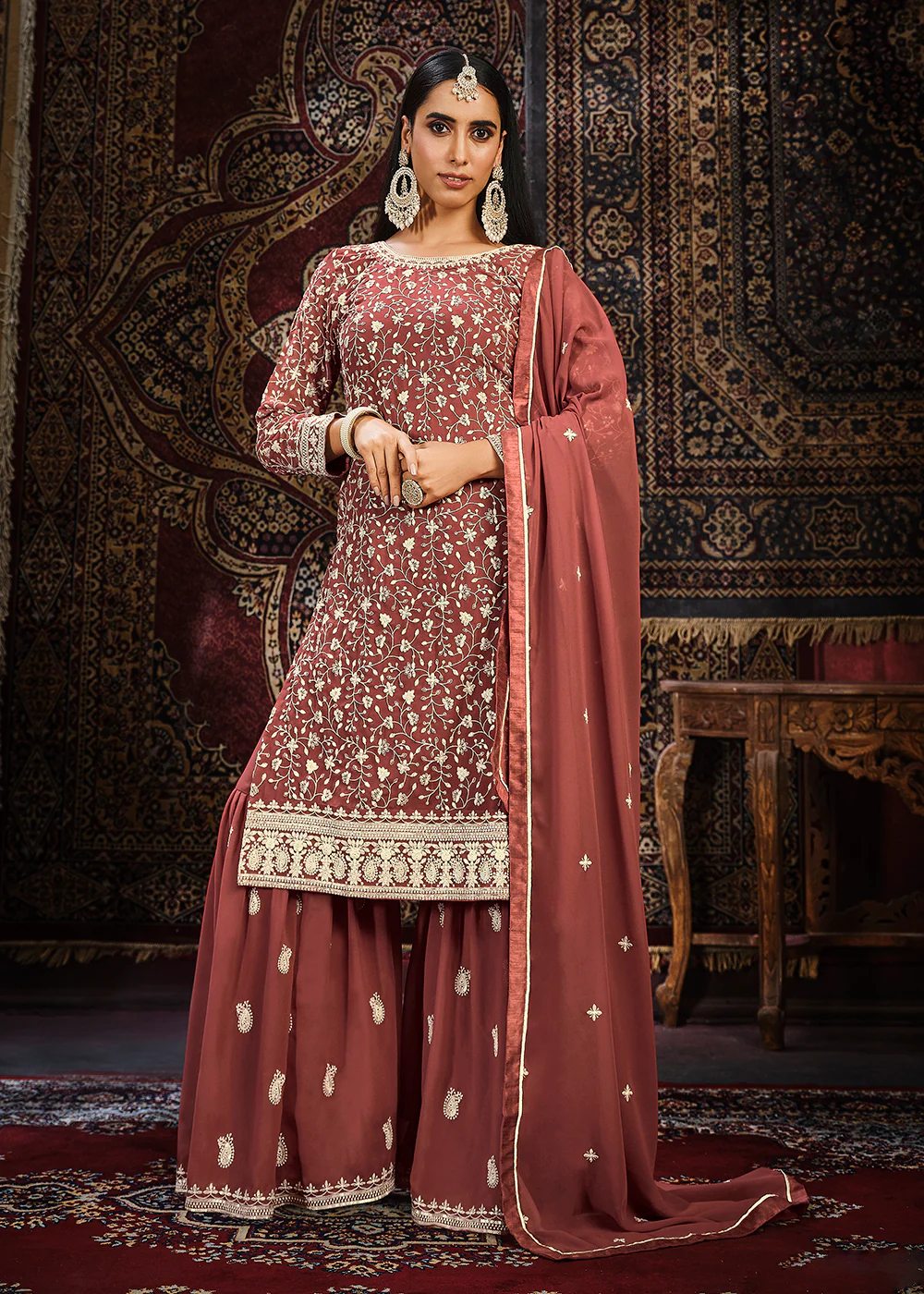 Festive Rust Color Faux Georgette Palazzo Salwar Suit - Image 4