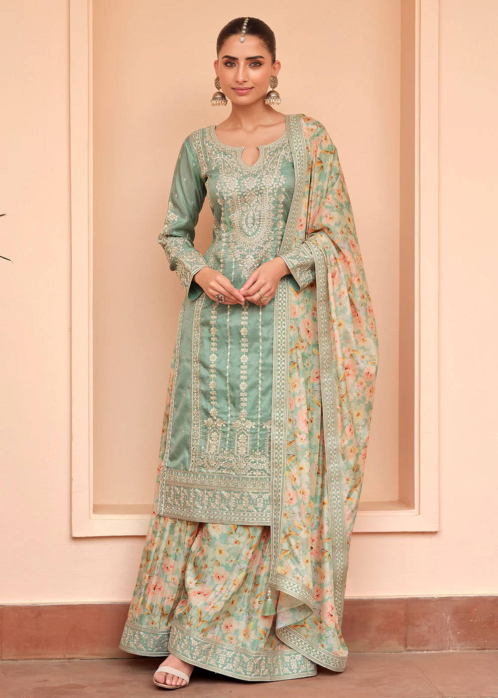 Festive Shimmer Silk Green Embroidered Palazzo Suit