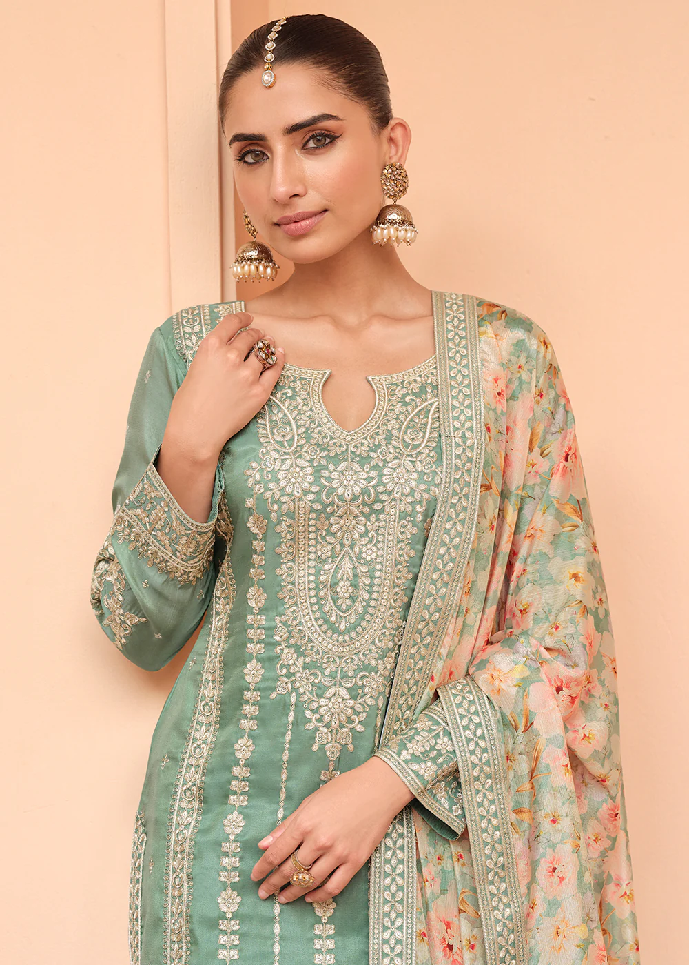 Festive Shimmer Silk Green Embroidered Palazzo Suit - Image 2