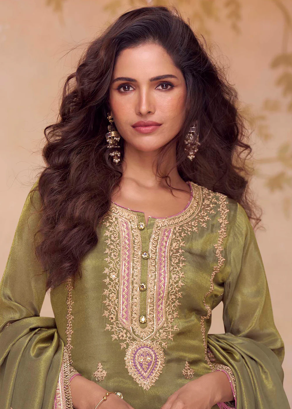 Festive Shimmer Silk Green Embroidered Pant Style Suit - Image 2