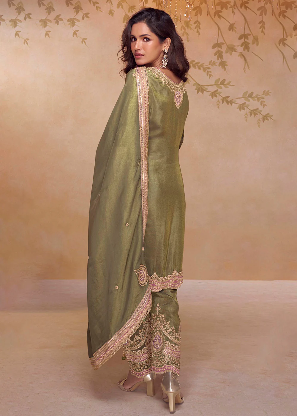 Festive Shimmer Silk Green Embroidered Pant Style Suit - Image 3