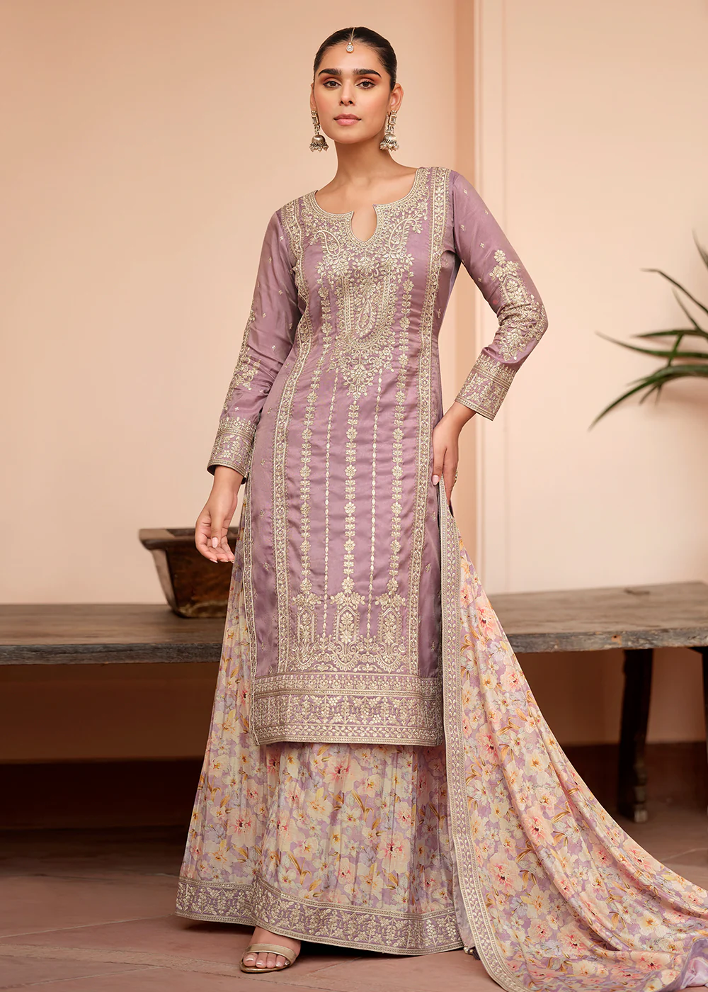 Festive Shimmer Silk Mauve Embroidered Palazzo Suit - Image 3