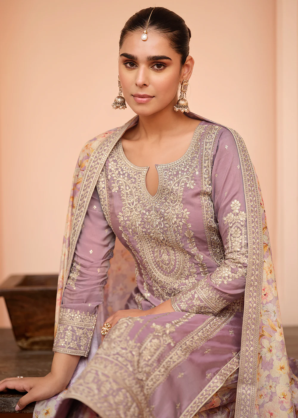 Festive Shimmer Silk Mauve Embroidered Palazzo Suit - Image 4
