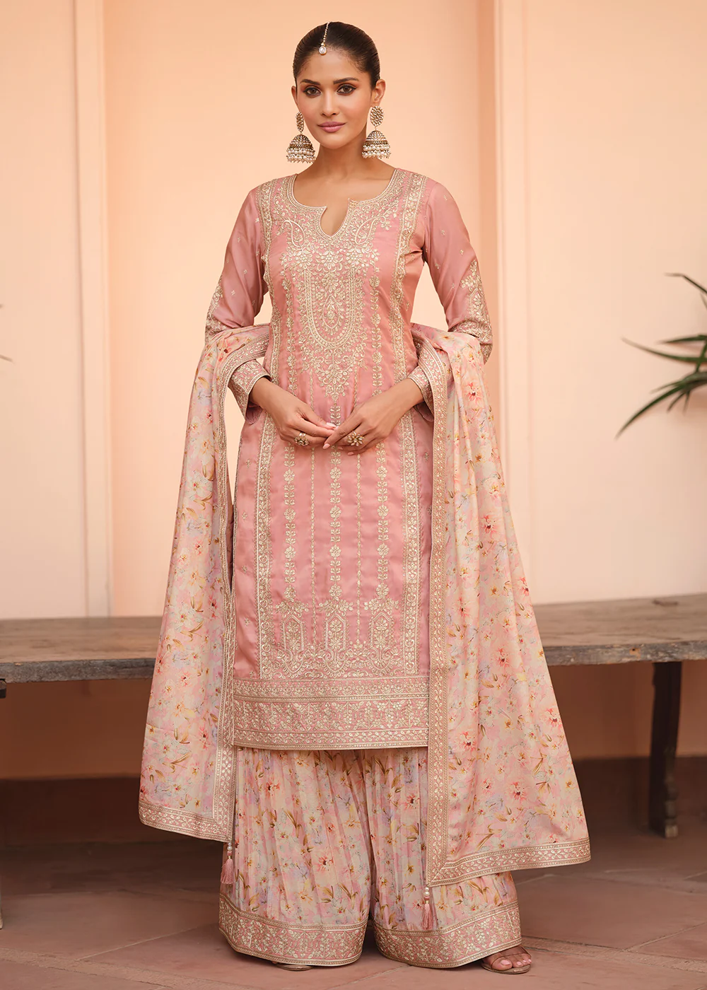 Festive Shimmer Silk Pink Embroidered Palazzo Suit
