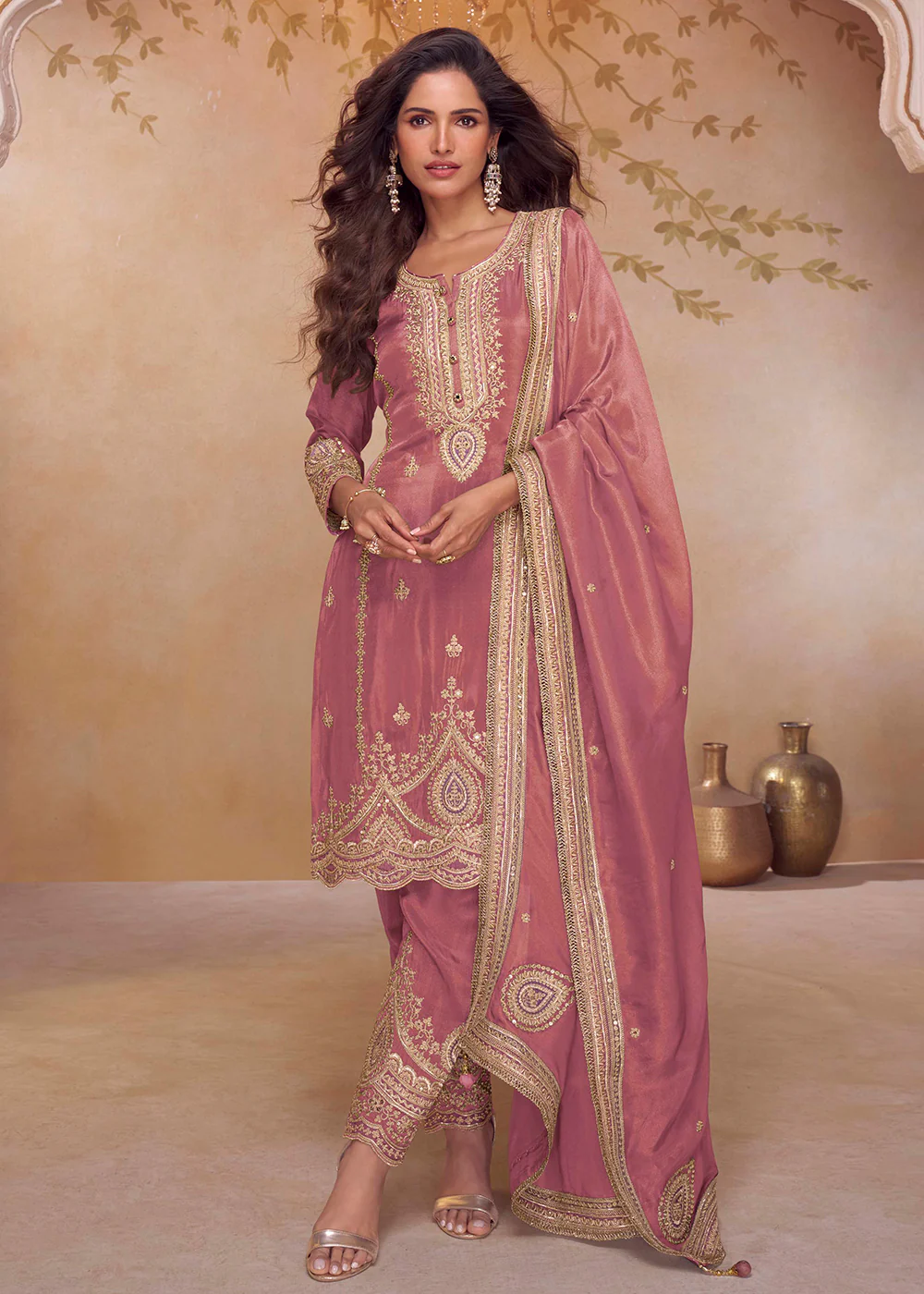 Festive Shimmer Silk Pink Embroidered Pant Style Suit