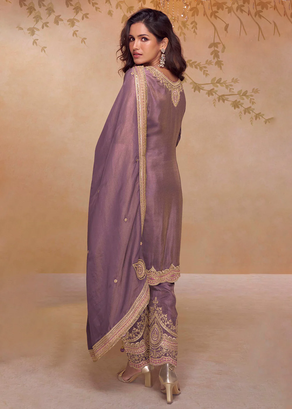 Festive Shimmer Silk Purple Embroidered Pant Style Suit - Image 3