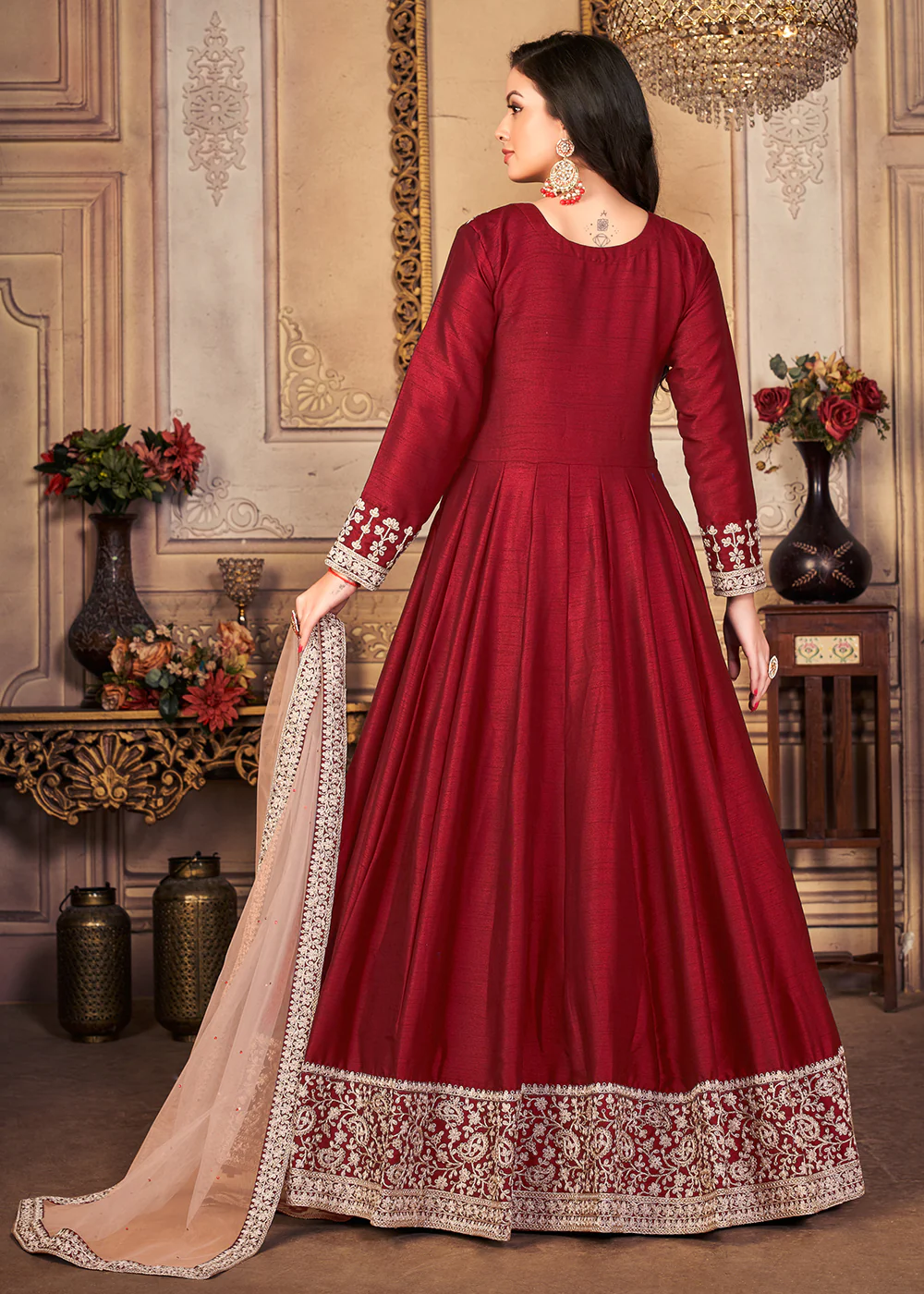Festive Stunning Red Embroidered Silk Anarkali Suit - Image 3