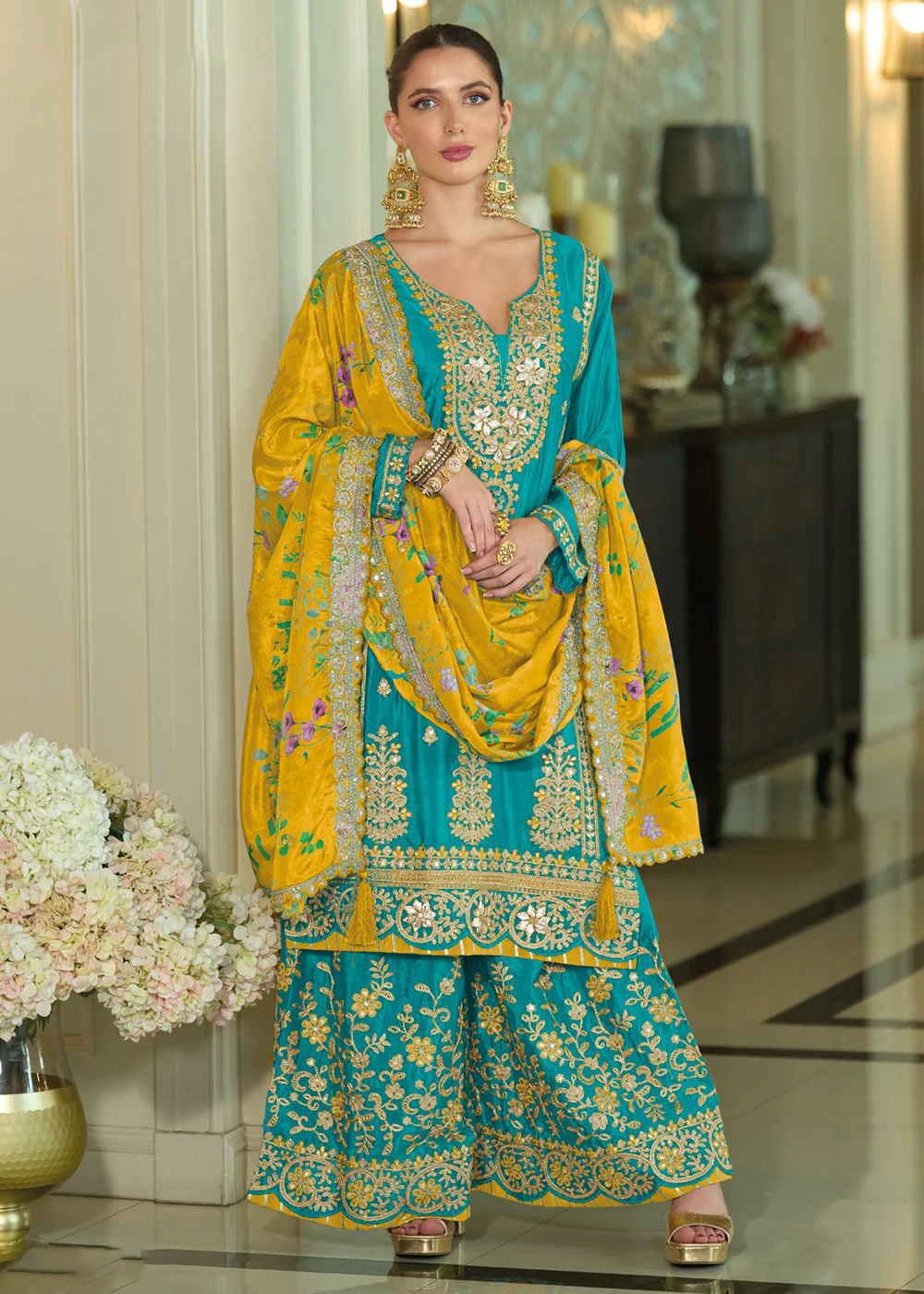 Festive Style Blue Khatli Embroidered Palazzo Suit