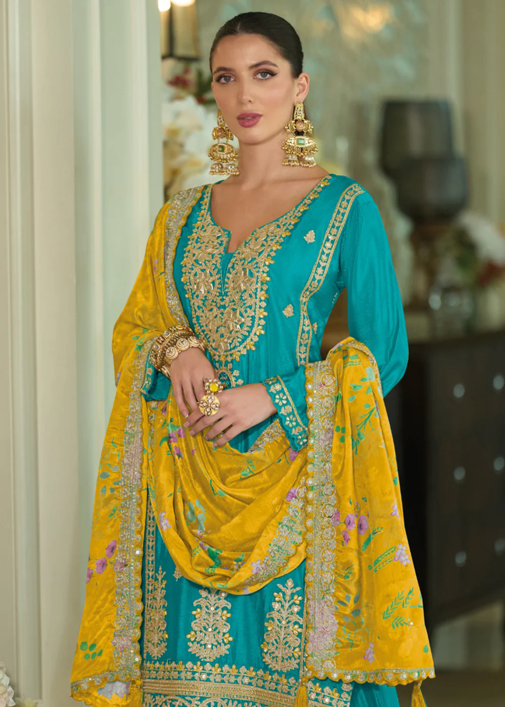 Festive Style Blue Khatli Embroidered Palazzo Suit - Image 2