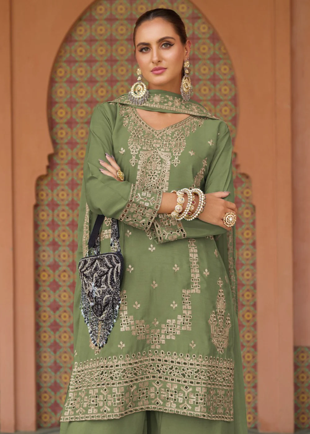 Festive Style Chinnon Green Embroidered Palazzo Suit - Image 2