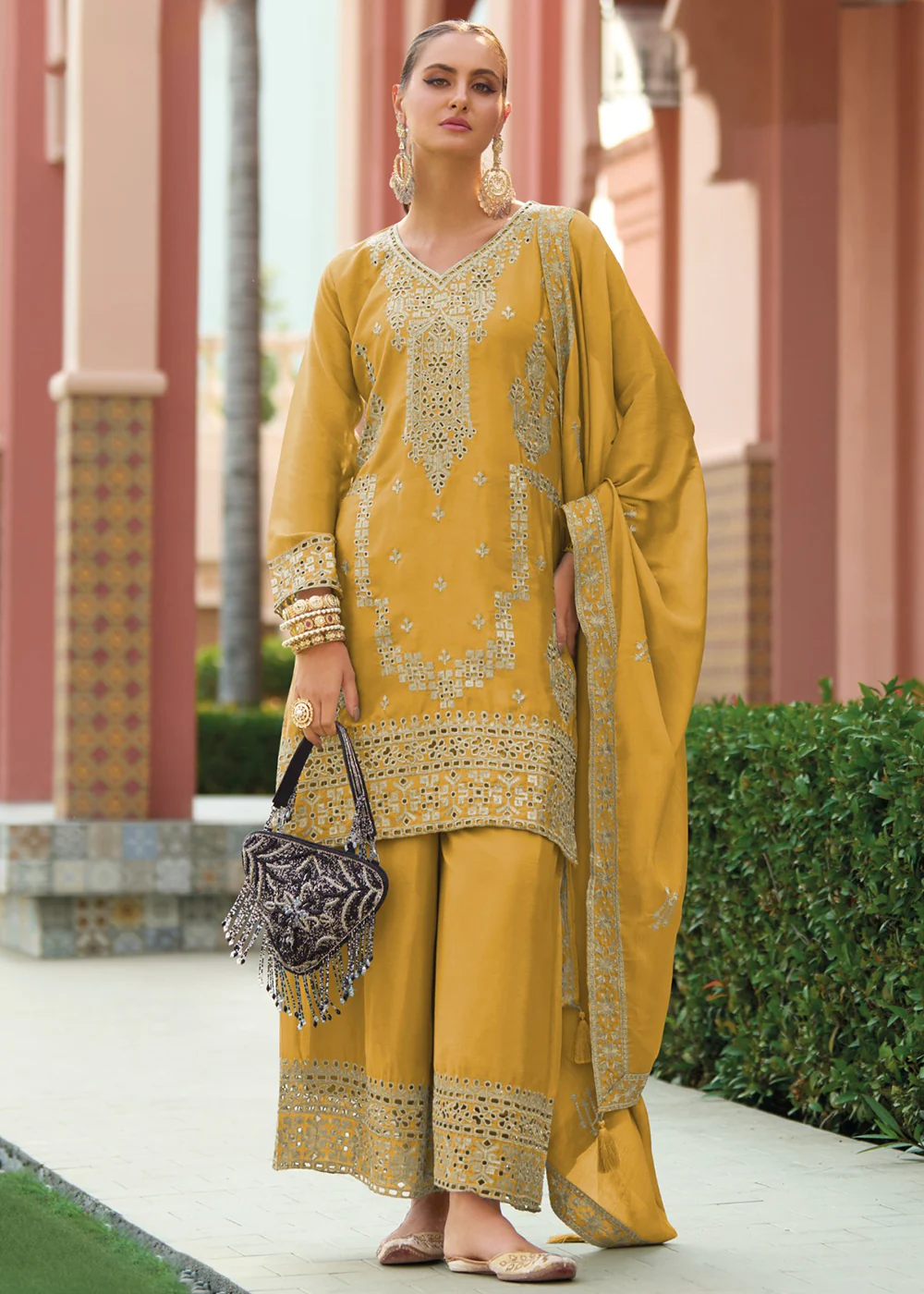 Festive Style Chinnon Mustard Embroidered Palazzo Suit