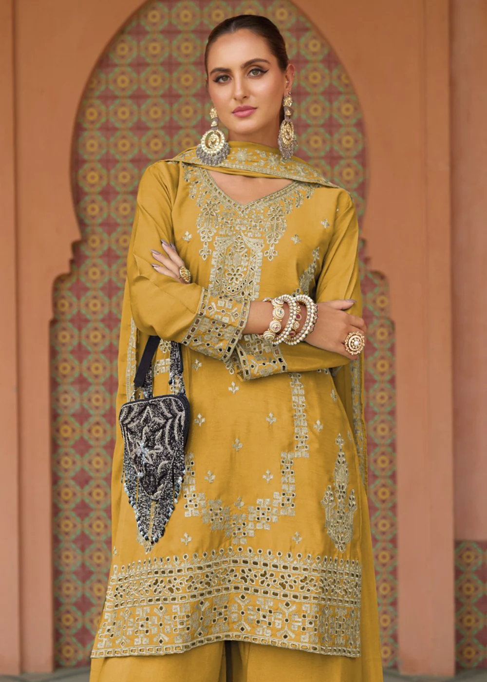 Festive Style Chinnon Mustard Embroidered Palazzo Suit - Image 2